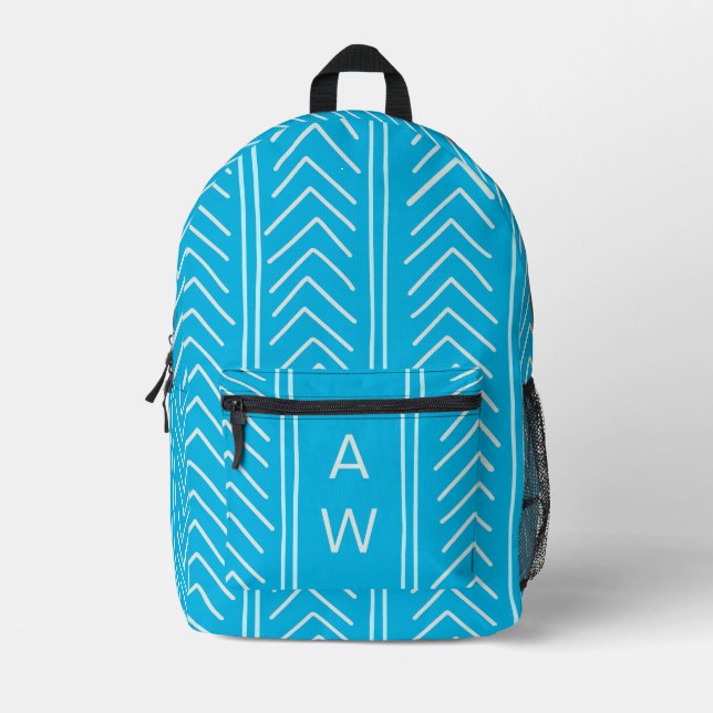 Fun Bright Blue Geometric Arrows Monogram Initials Bedruckter Rucksack (Vorderseite)