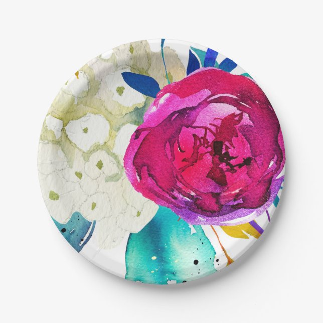 Fun Bright Bold Watercolor Floral Eleganter Stil Pappteller (Vorderseite)