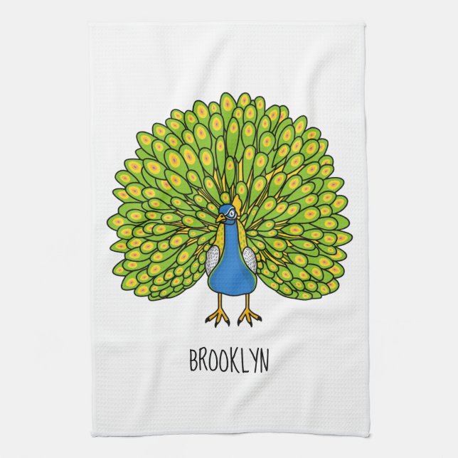 Fun bright bright peacock bird Illustration Geschirrtuch (Vertikal)