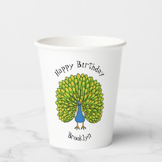 Fun bright bright peacock bird Illustration Pappbecher (Vorderseite)