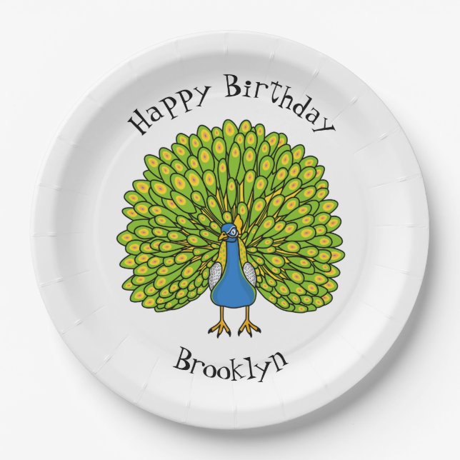 Fun bright bright peacock bird Illustration Pappteller (Vorderseite)