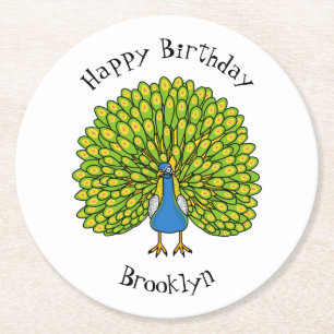 Fun bright bright peacock bird Illustration Runder Pappuntersetzer