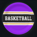 Fun Bright Lila Black Yellow BASKETBALL Streifen Pappteller<br><div class="desc">Dieses sportliche Design zeichnet sich durch fett formatierten BASKETBALL-Text in einem breiten schwarzen,  horizontalen Mitte-Rennstreifen aus,  der durch zwei schwungvolle,  weiße Pinstreifen gegen lila Außenstreifen hervorgehoben wird. Der Text kann personalisiert sein.</div>