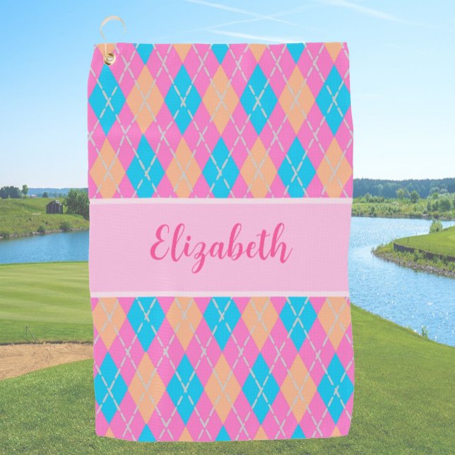 Fun Bright pink preppy Raute individuelle Name Lad Golfhandtuch (Von Creator hochgeladen)