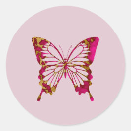 Fun Bright Pink und Gold Marmor Schmetterling Runder Aufkleber