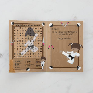 Fun Brown Girls Karate Word Search Happy Birthday Karte