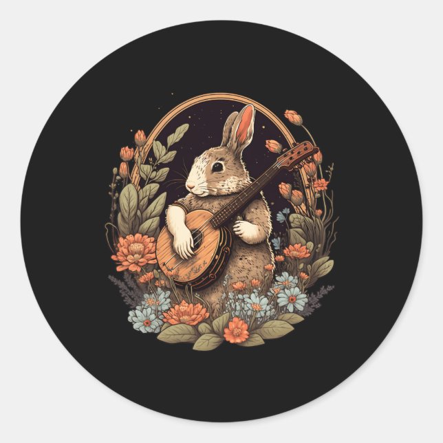 Fun Bunny Playing Banjo Gitarre Musik Rabbit Happy Runder Aufkleber (Vorderseite)