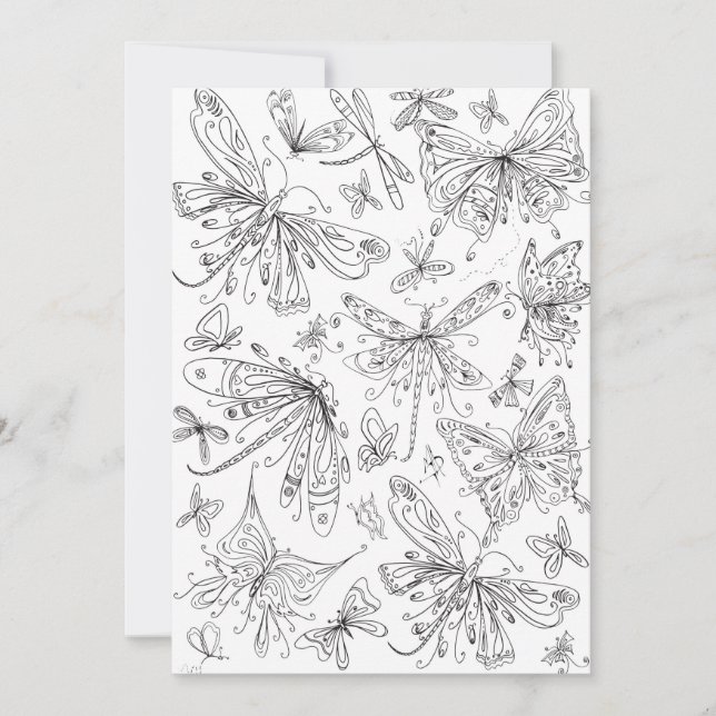 Fun Butterfly Dragonfly Whimsical Coloring Card (Vorderseite)