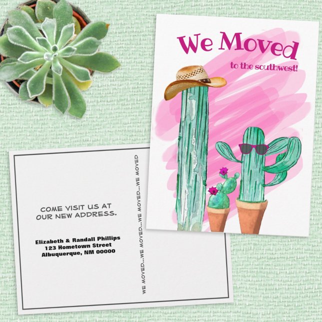 Fun Cactus we moved South West Announcement Postkarte (Von Creator hochgeladen)