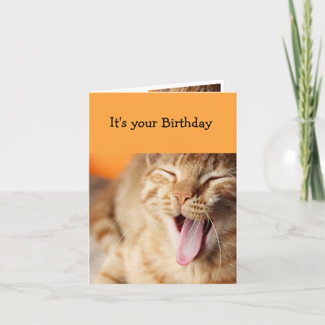 Fun Cake Zuckerguss leckende Zunge Katze Tier Spaß Karte (Vorderseite)