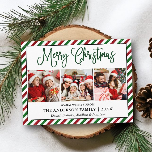 Fun Calligrafie Weihnachten 3 Foto Glitzer Streife Postkarte (Customize to change your personalized text size or text style.)