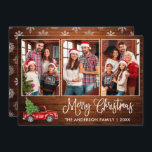 Fun Calligraphie Holz Weihnachten Roter LKW 3 Foto<br><div class="desc">Modern Fun Calligrafy Script 3 Foto Familienfoto Collage Frohe Weihnachtskarte - Wasserfarbe Vintager roter LKW mit Christbaum - Rustikales Landholz mit Schneeflocken Zurück</div>