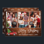 Fun Calligraphie Holz Weihnachten Roter LKW 3 Foto<br><div class="desc">Modern Fun Calligrafy Script 3 Foto Familienfoto Collage Frohe Weihnachtskarte - Wasserfarbe Vintager roter LKW mit Christbaum - Rustikales Landholz mit Schneeflocken Zurück</div>