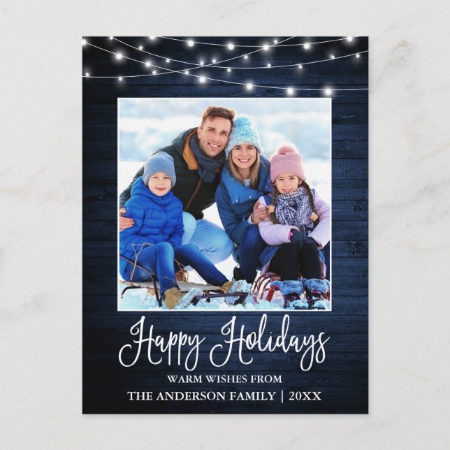 Fun Calligraphy Blue Wood Lights Foto Holiday Postkarte (Vorderseite)