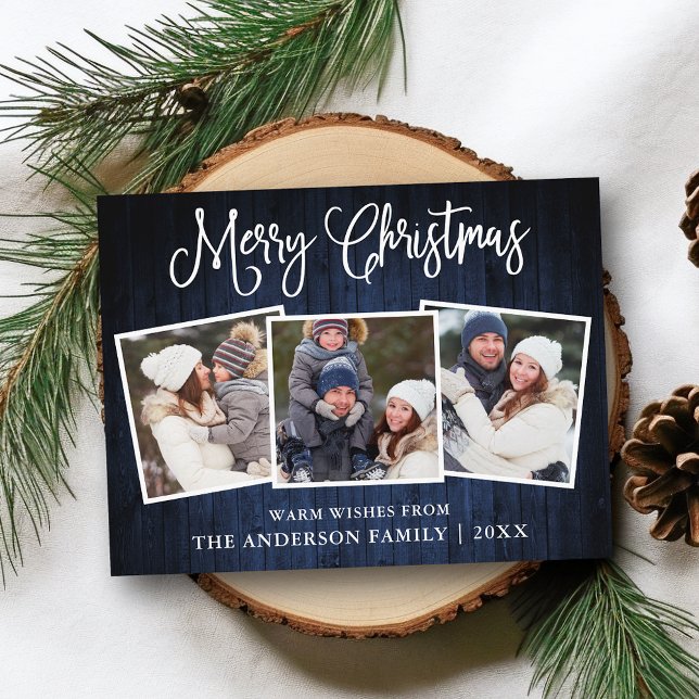 Fun Calligraphy Christmas Blue Wood 3 Fotos Post Postkarte (Customize to change your personalized text size or text style.)