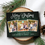 Fun Calligraphy Christmas Green Wood 3 Fotos Postkarte<br><div class="desc">Moderne Fun Calligraphie Drehbuch Frohe Weihnachten 3 Foto Ferien Postkarte - Rustikales Land Grünes Holz</div>