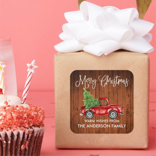 Fun Calligraphy Christmas Wood Vintag Truck Quadratischer Aufkleber (Party)