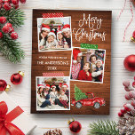 Fun Calligraphy Craft Tape Truck Holz Weihnachten Postkarte<br><div class="desc">Moderne Fun Kalligrafie Script Frohe Weihnachten 3 Foto Collage mit Craft Tape Holiday Postcard. Wasserfarbener Vintager roter LKW mit Weihnachtsbaum. Rustikales Landholz.</div>