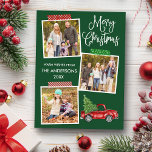 Fun Calligraphy Craft Tape Truck Weihnachten Grün Postkarte<br><div class="desc">Moderne Fun Kalligrafie Script Frohe Weihnachten 3 Foto Collage mit Craft Tape Holiday Postcard. Grüner Hintergrund des Waldes. Wasserfarbener Vintager roter LKW mit Weihnachtsbaum.</div>