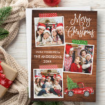 Fun Calligraphy Craft Tape Truck Weihnachtswald Feiertagskarte<br><div class="desc">Moderne Fun Kalligrafie Script Frohe Weihnachten 3 Foto Collage mit Craft Tape Holiday Card. Wasserfarbener Vintager roter LKW mit Weihnachtsbaum. Rustikales Landholz.</div>