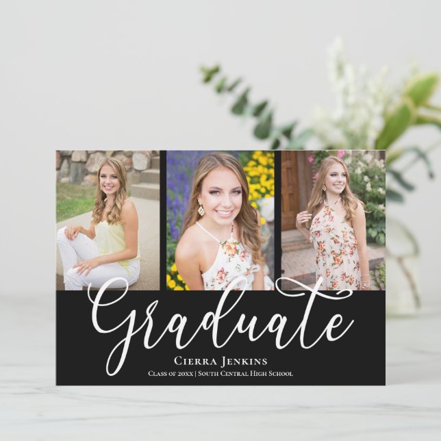 Fun Calligraphy Foto Black Graduation Party Einladung (Stehend Vorderseite)