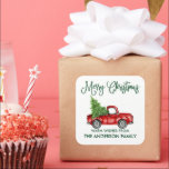 Fun Calligraphy Green Christmas Vintag Truck Quadratischer Aufkleber<br><div class="desc">Modern Fun Calligrafy Script Wasserfarbe Vintager Red Truck mit Weihnachtsbaum Geschenksticker - Grüne Schrift</div>