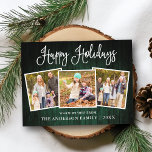 Fun Calligraphy Green Wood 3 Foto Urlaub Postkarte<br><div class="desc">Modern Fun Calligraphy Script Happy Holidays Family 3 Foto Postcard - Rustikales Land Grünes Holz</div>