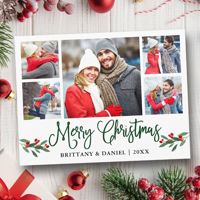 Fun Calligraphy Holly 5 Foto Couple Christmas Postkarte (Customize to change your personalized text size or text style.)