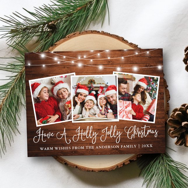 Fun Calligraphy Holly Jolly Christmas Wood Lights Postkarte (Customize to change your personalized text size or text style.)