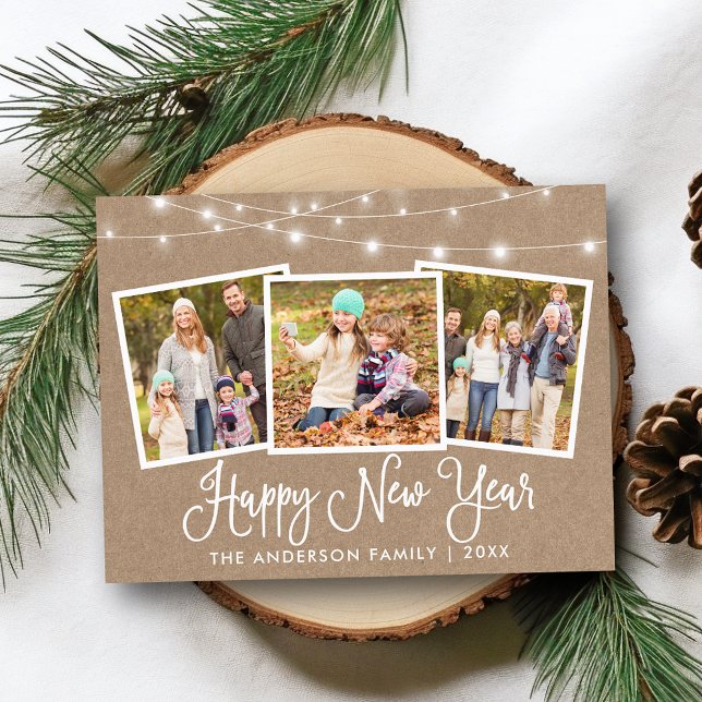 Fun Calligraphy Kraft Lights 3 Foto Neues Jahr Postkarte (Customize to change your personalized text size or text style.)