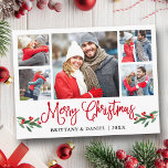 Fun Calligraphy Red Holly 5 Foto Couple Christmas Postkarte<br><div class="desc">Modern Fun Calligrafy Script 5 Foto Couple Foto Collage Frohe Weihnachts Postkarte beinhaltet Watercolor Christmas Holly Berries - Red Script</div>