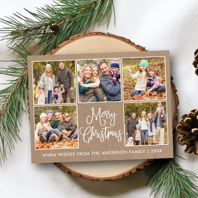 Fun Calligraphy Rustic Kraft 5 Foto Weihnachten Postkarte (Customize to change your personalized text size or text style.)