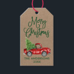 Fun Calligraphy Vintag Truck Kraft Weihnachten Geschenkanhänger<br><div class="desc">Modern Fun Calligraphy Script Wasserfarbe Vintager roter LKW mit Christmas Tree Kraft Gift Tag - Grüne Schrift</div>
