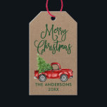 Fun Calligraphy Vintag Truck Kraft Weihnachten Geschenkanhänger<br><div class="desc">Modern Fun Calligraphy Script Wasserfarbe Vintager roter LKW mit Christmas Tree Kraft Gift Tag - Grüne Schrift</div>