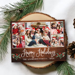 Fun Calligraphy Wood Holly 5 Foto Happy Holidays Postkarte<br><div class="desc">Moderne Fun Calligraphie Script 5 Foto Familienfoto Collage Happy Holidays Postcard beinhaltet Weihnachtsgeburten Heilige Berries - Rustikales Landholz</div>