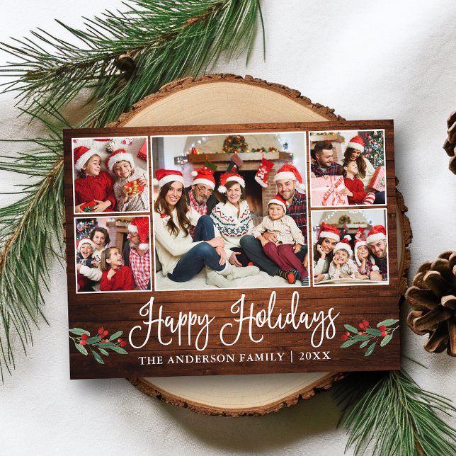 Fun Calligraphy Wood Holly 5 Foto Happy Holidays Postkarte (Customize to change your personalized text size or text style.)