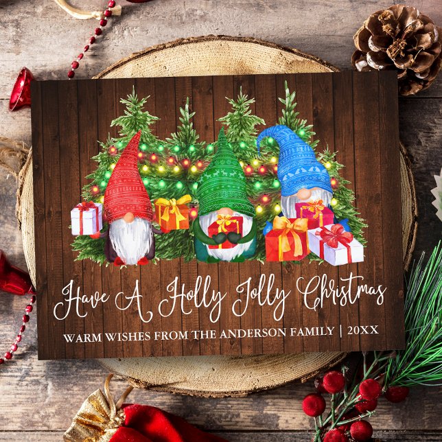 Fun Calligraphy Wood Holly Jolly Weihnachtsgnomes Postkarte (Customize to change your personalized text size or text style.)