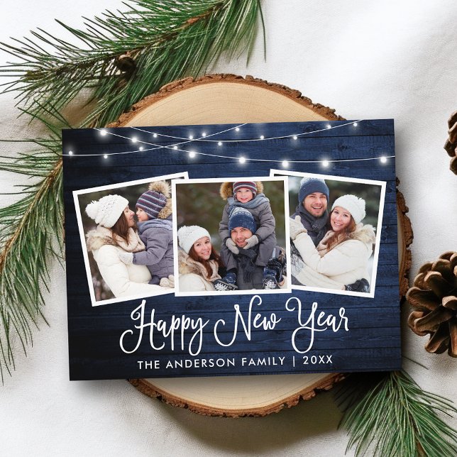 Fun Calligraphy Wood Lights 3 Foto Happy New Year Postkarte (Customize to change your personalized text size or text style.)