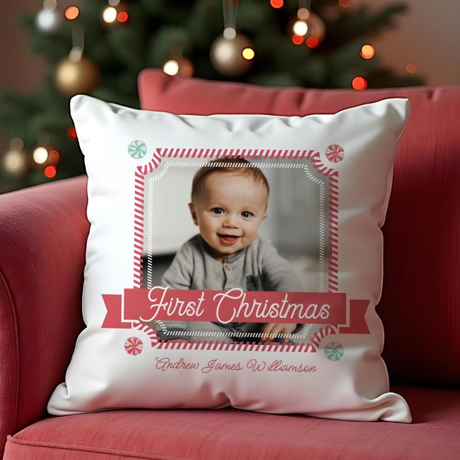 Fun Candy First Christmas Candy Cane Foto Frame Kissen (Fun Candy First Christmas Candy Cane Photo Frame Throw Pillow)
