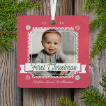 Fun Candy First Christmas Candy Cane Photo Frame Ornament Aus Metall<br><div class="desc">Fun and playful candy theme baby's first Christmas photo keepsake ornament. Baby's first Christmas keepsake ornament can be customized with the baby's name, the year, and one photo on the front and one on the back. Fun candy cane frame with red ribbon and spiral red and green permit candy elements....</div>