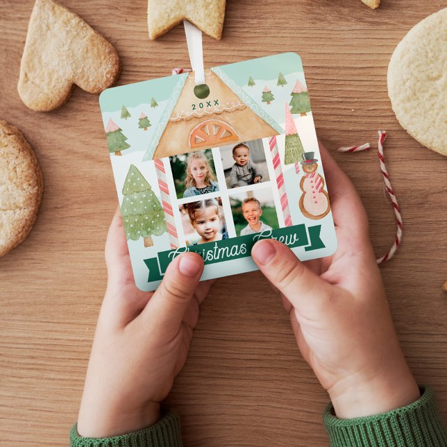 Fun Candy Gingerbrot Weihnachten Crew 4 Foto Ornament Aus Metall (Fun Candy Gingerbread House Christmas Crew 4 Photo Metal Ornament)