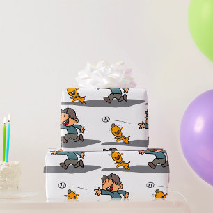 Fun Cartoon Boy and Dog Playing Fetch Geschenkpapier