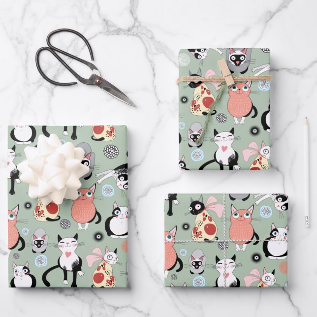 Fun Cartoon Katzen Geschenkpapier Set (Vorderseite)