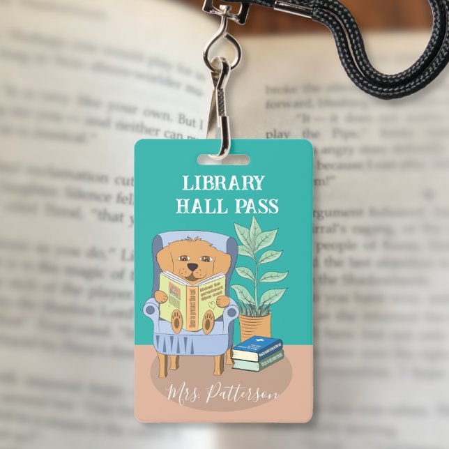 Fun Cartoon Reading Dog Library Hall Pass Badge (Fun reading dog elementary school library hall pass badge .)