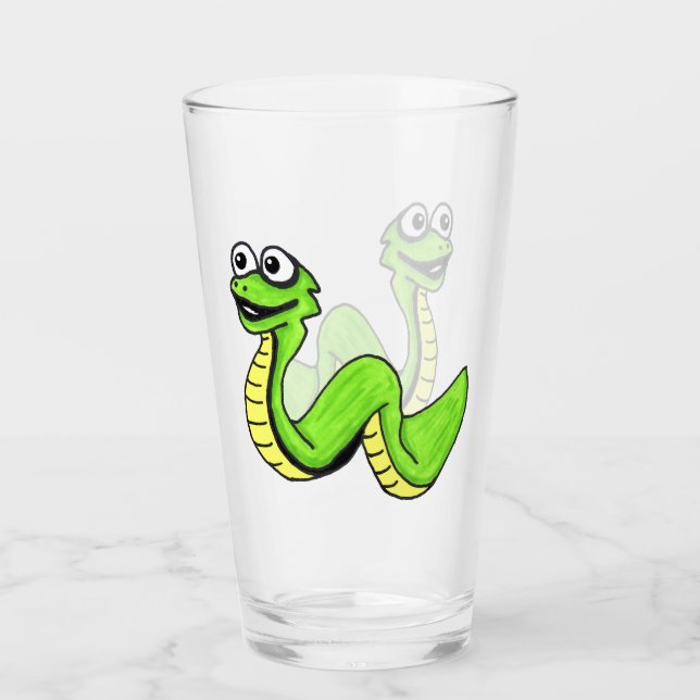 Fun Cartoon Schlange Hellgrün Gelb Lächeln Glas (Vorderseite)