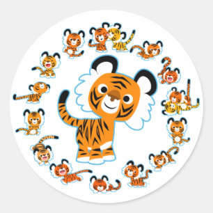 Fun Cartoon Tigers Mandala (Blue Aufkleber) Runder Aufkleber
