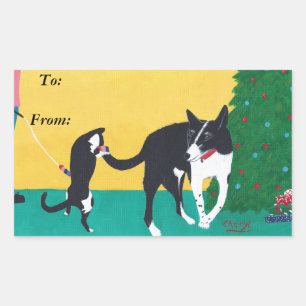 Fun Cat Hund spielen Weihnachtsbaum bis vom Sticke Rechteckiger Aufkleber