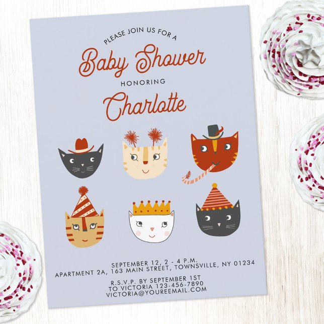 Fun Cat Personalisiert Baby Dusche Einladung Postkarte (Cute kitty cat personalized gender neutral girl or boy baby shower invitation postcard)