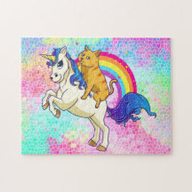 Fun Cat Reiten eines Einhorns auf einem Regenbogen