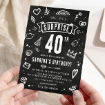Fun Chalkboard Doodle Überraschung 40. Geburtstag Einladung<br><div class="desc">Wow deine Freunde und Familie mit diesem einzigartigen und lustigen Calkboard-Doodle 'Shhh... It's a Surprise' 40. Geburtstag Party Einladung. Der rustikale schwarze Bretterhintergrund und niedliche handgezeichnet Kreidebilder machen ihn zu einem perfekten Ort für jede Geburtstagsüberraschung. Einfach mit Ihren Veranstaltungsdetails für eine unvergessliche Feier anpassen!</div>